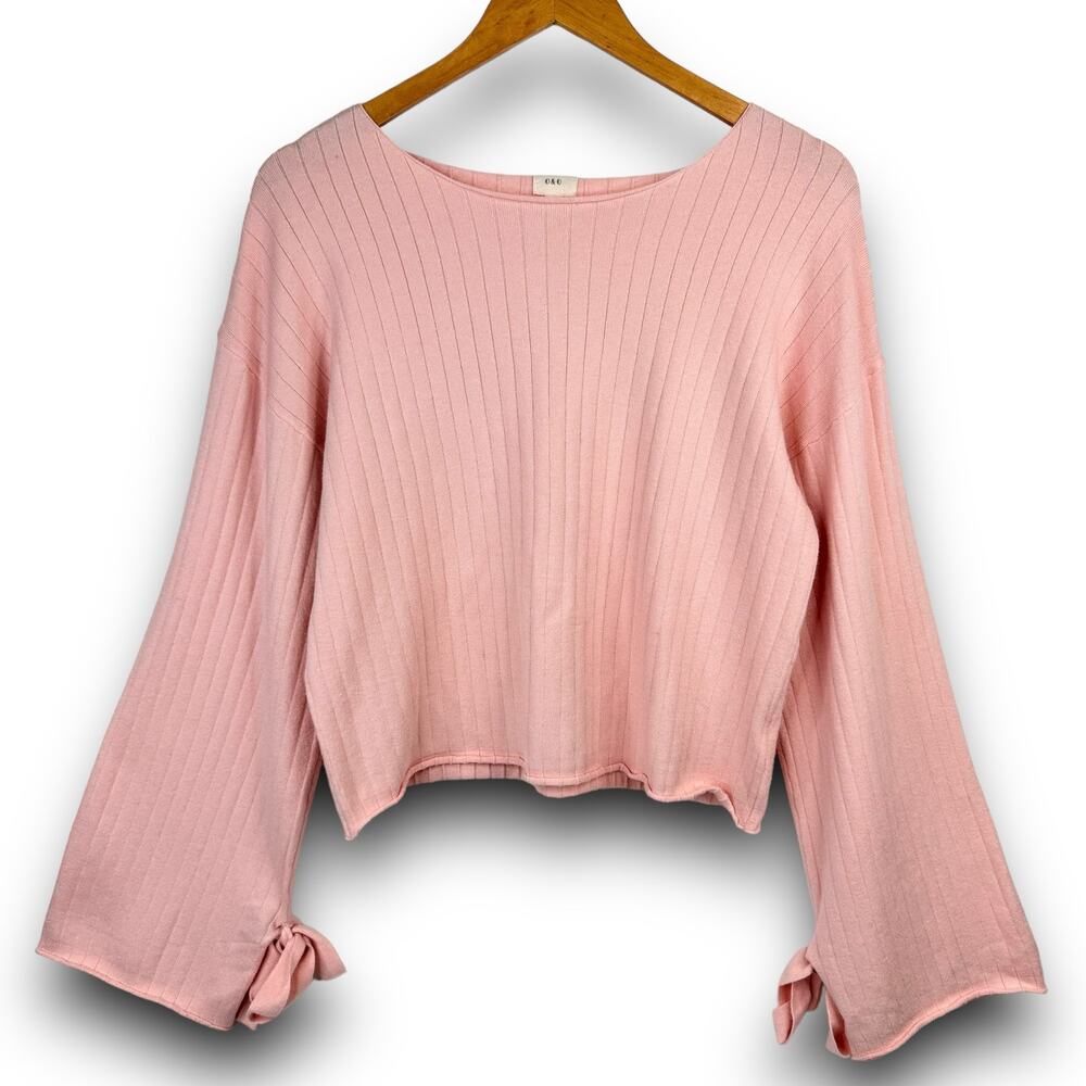 Pink Long Bell Sleeve Ribbed Cropped Casual Sweater Top Soft Fabric Size Small